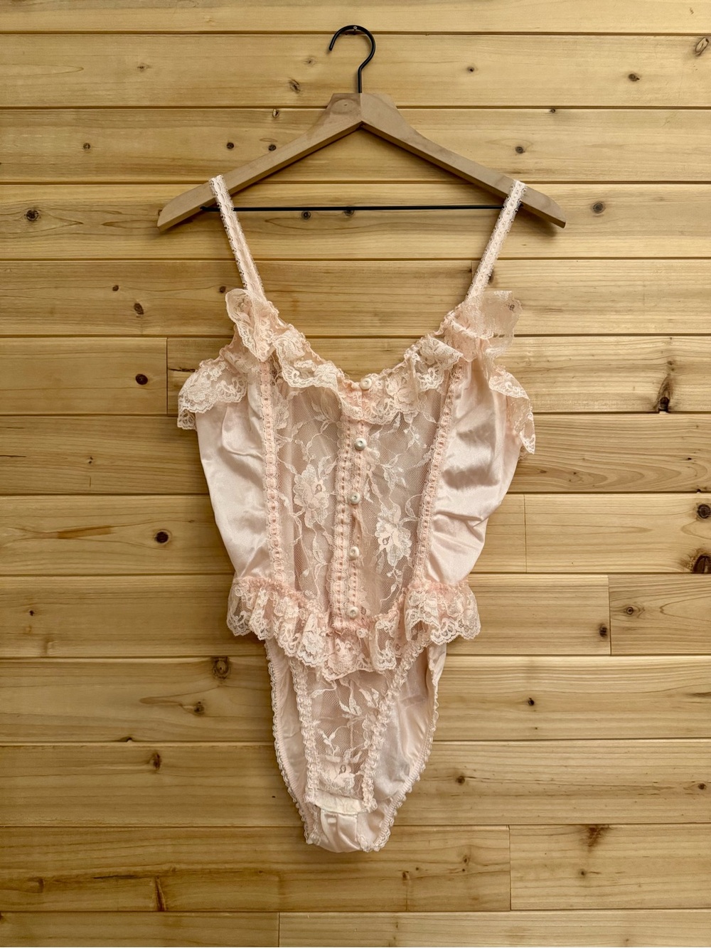 Vintage Small Blush Lace Ruffle Bodysuit Coquette Boudoir Romantic Lingerie Pink